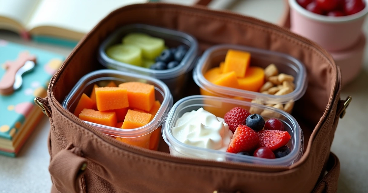 Potes com lanches saudáveis organizados dentro de uma bolsa feminina 