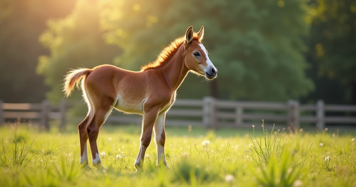 Potro jovem em meio ao pasto verde, observando atentamente ao redor 