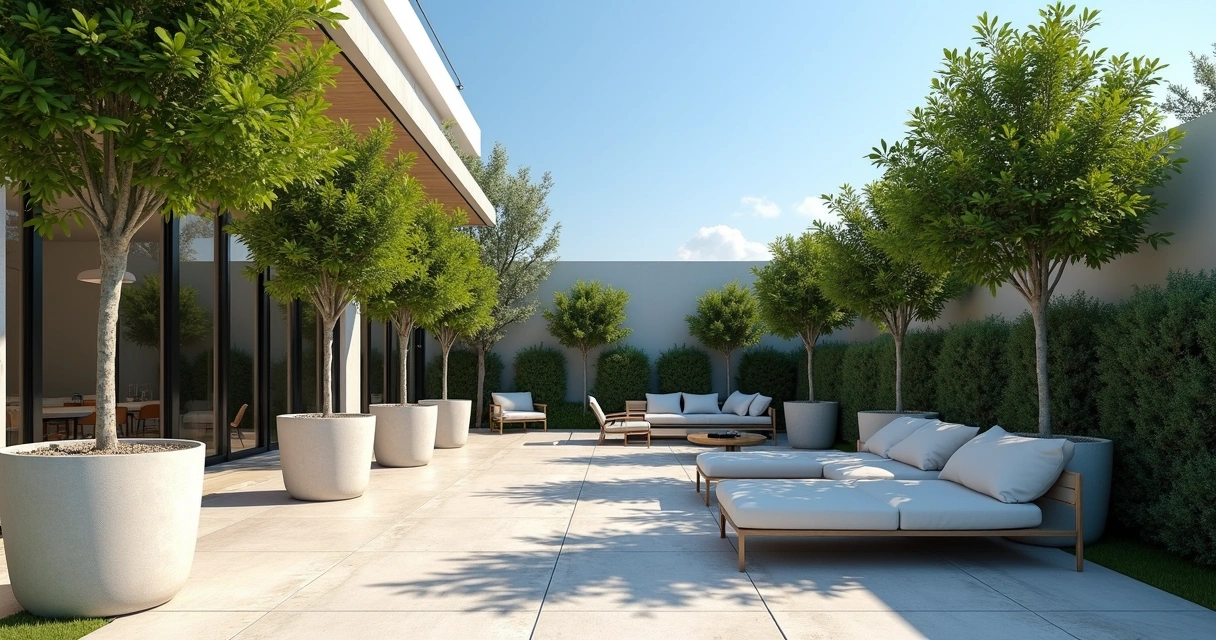 Potted trees used for shade on modern patio 