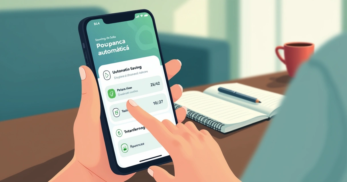 Pessoa configurando poupança automática no celular 
