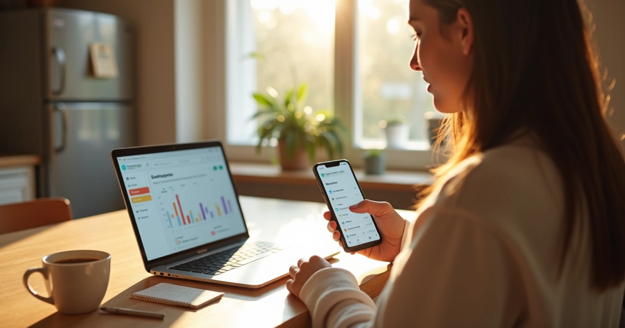 Pessoa ajustando app de finanças com transferências automáticas de poupança 