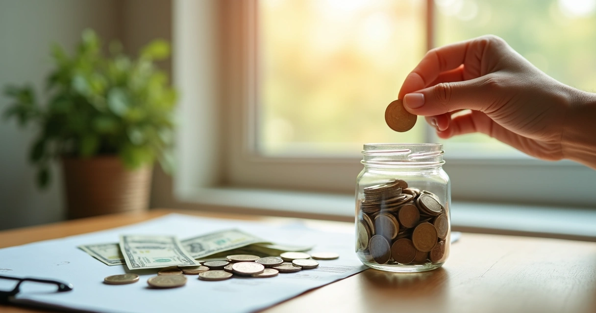 Mãos colocando moedas em pote de vidro transparente com notas ao fundo 