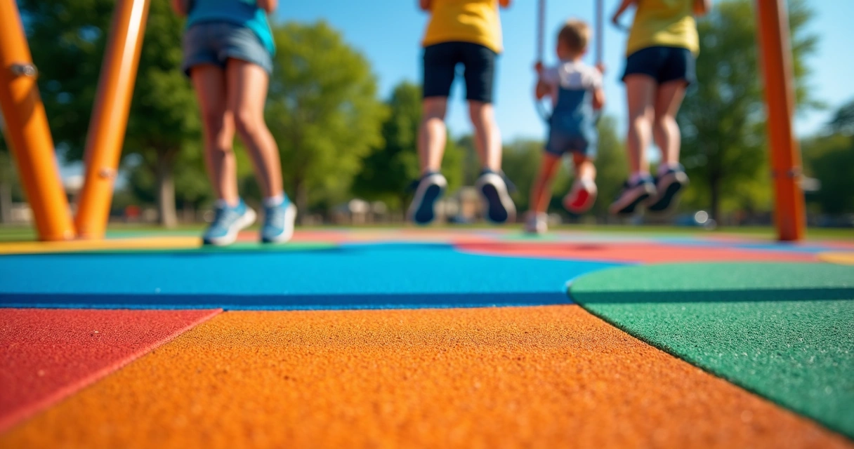Close-up of poured rubber playground surface with swings 