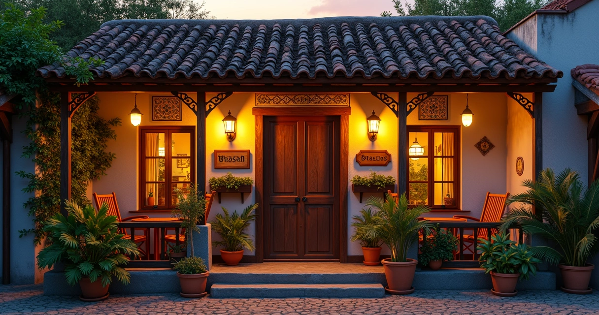 Fachada charmosa de pousada com varanda decorada, plantas verdes e iluminação acolhedora ao entardecer 