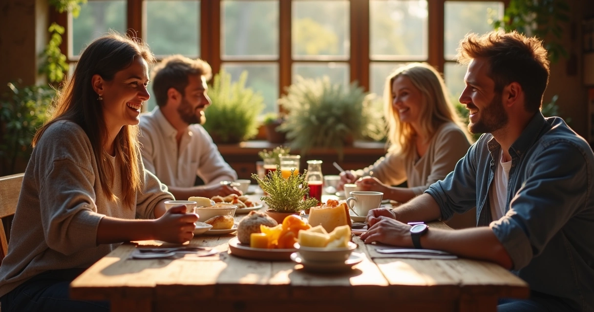 Café da manhã servido em mesa de madeira em pousada rural 
