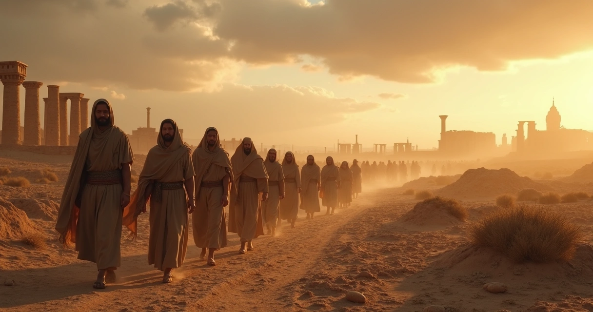 Pessoas caminhando em terras secas sob céu cinza, sugerindo exílio bíblico