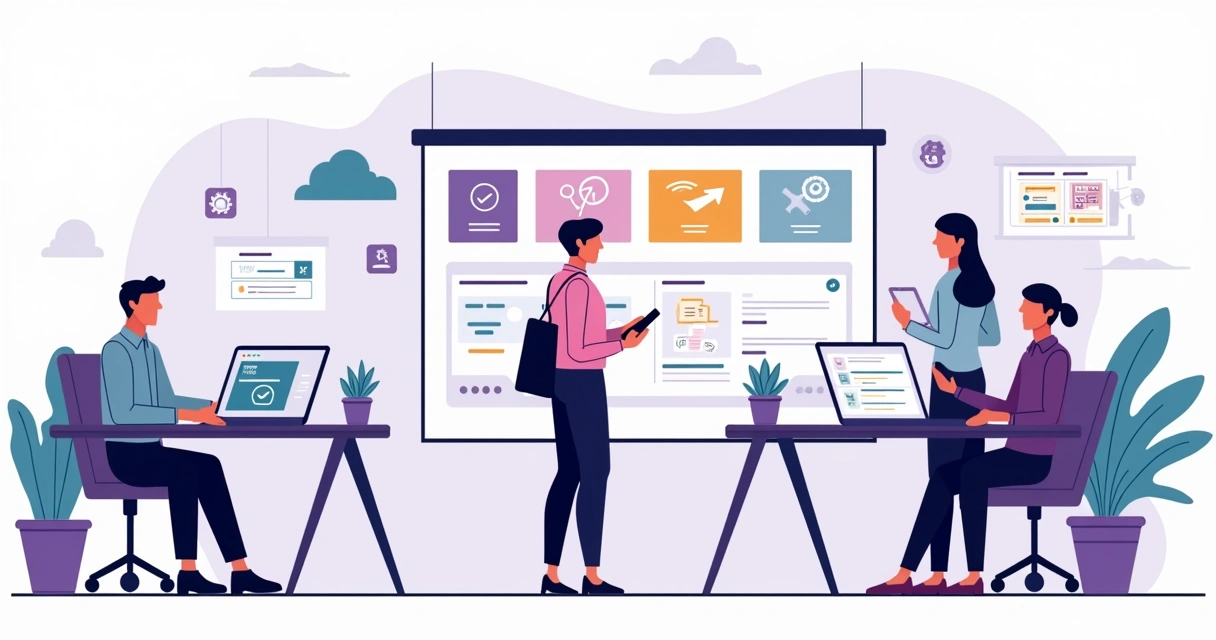 Ilustração de gestores de RH usando aplicativo do Power Apps em painéis digitais 