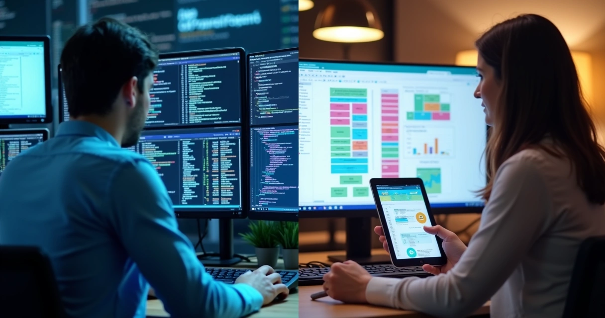 Tela dividida mostrando um programador digitando código de um lado e uma interface do Power Apps do outro 