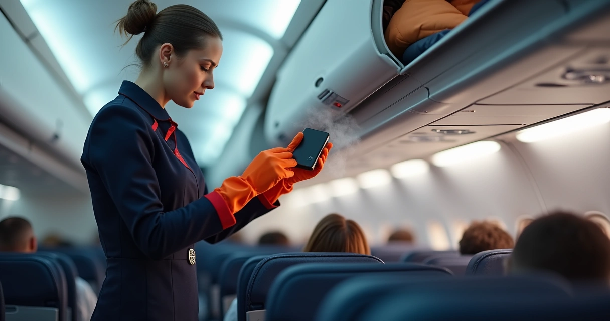 Comissário pega power bank com fumaça no bagageiro de mão de avião 