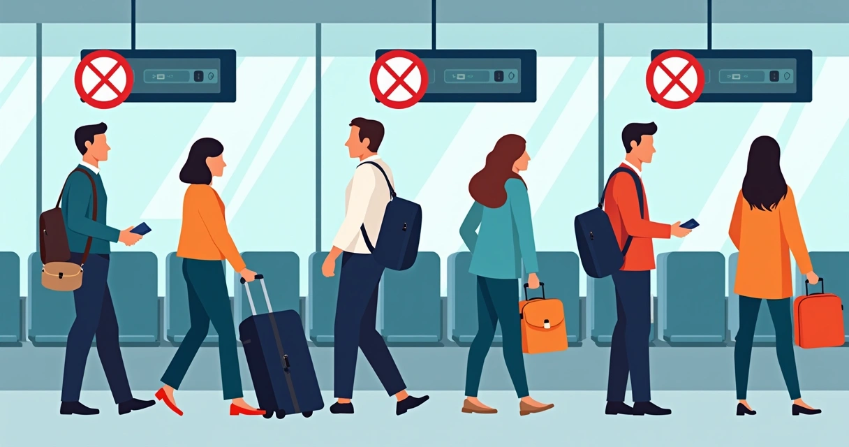 Ilustração de passageiros aguardando embarque, mostrando dois power banks em destaque na bagagem de mão, sinalização proibitiva no compartimento superior
