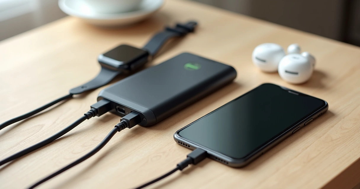 Power bank com vários cabos recarregando smartphone, smartwatch e fone de ouvido 