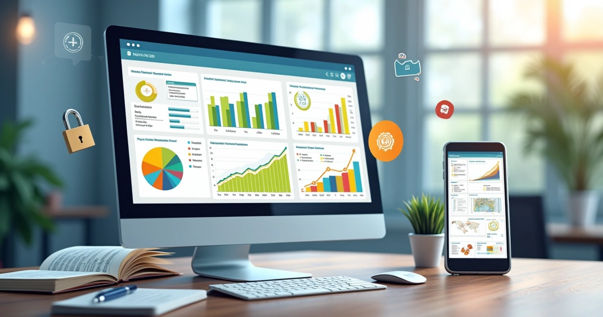 Interface do Power BI Embedded com dashboards coloridos e um dispositivo móvel em um ambiente de escritório.