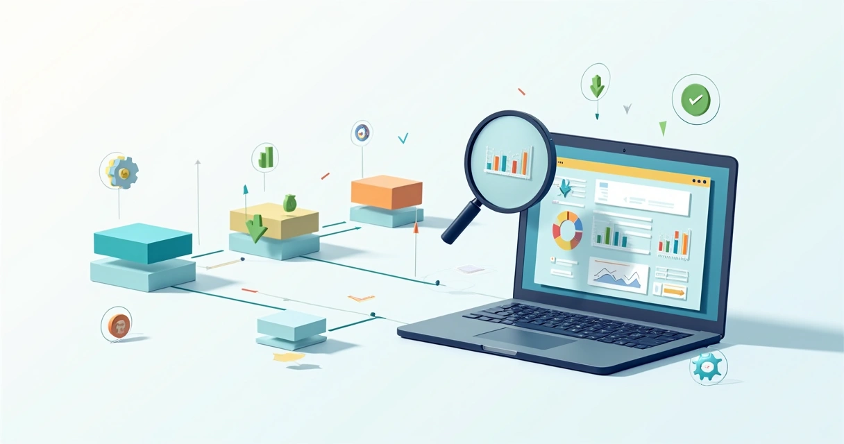 Fluxo de processo corporativo com lupa revelando gargalos em dashboard do Power BI 