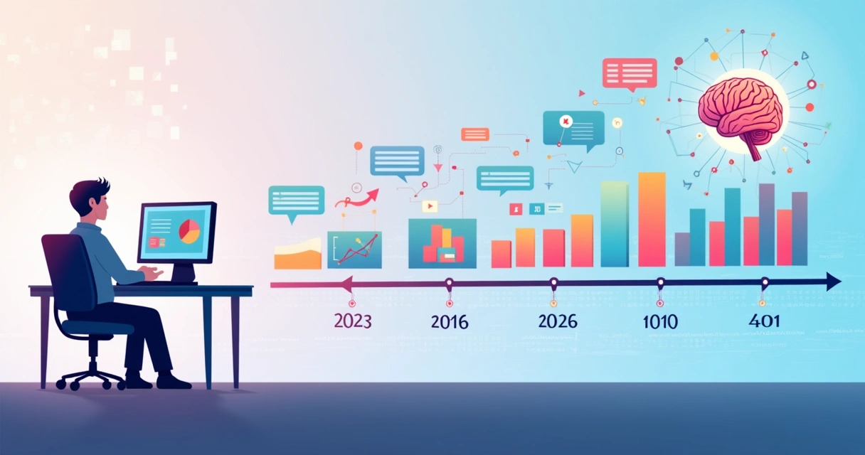 Ilustração de linha do tempo até 2026 com gráficos de Power BI ligados a ícone de IA 