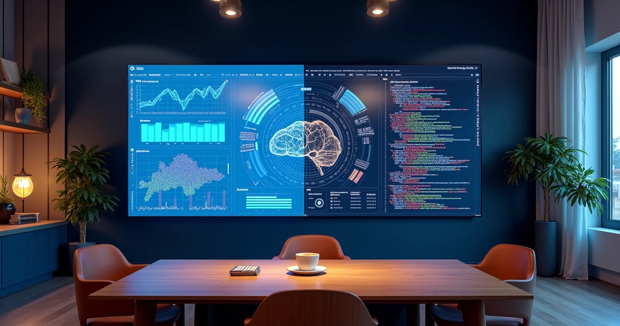 Exemplo de dashboard Power BI com código Python e ícones de IA ao fundo 