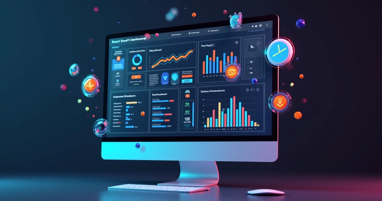 Tela 3D de um dashboard interativo do Power BI com gráficos, tabelas e indicadores coloridos em um fundo escuro 