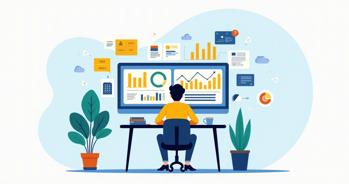 Ilustração de profissional analisando dados em painel do Power BI no computador 