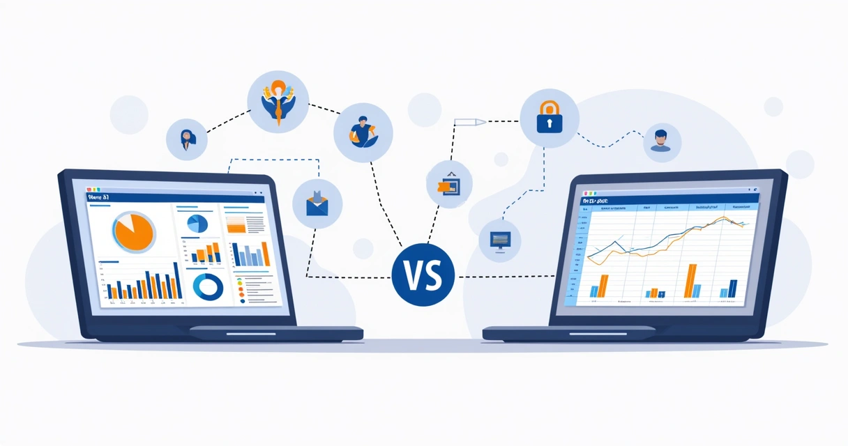 Ilustração corporativa comparando Power BI e Excel com gráficos, dashboards e documentos digitais 