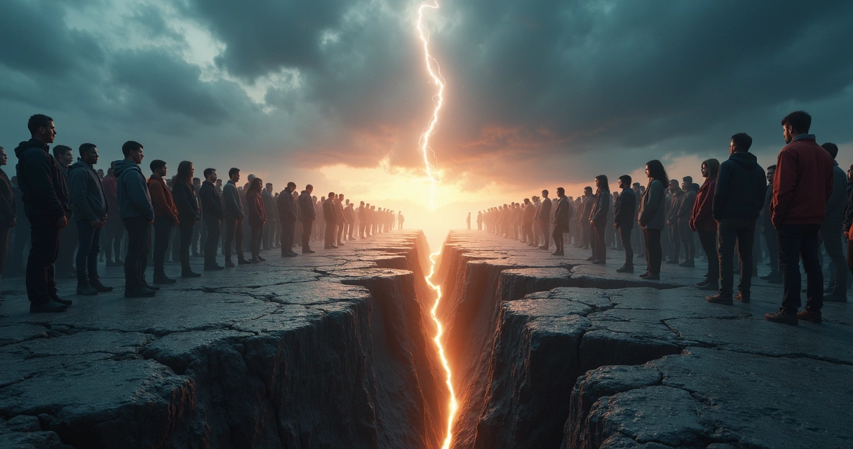 Two groups facing each other across a crack in the ground with light connecting them 