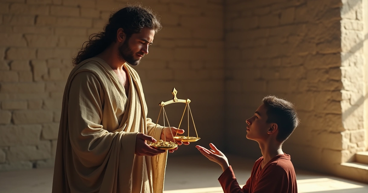 Two people exchanging money, one standing with scales, one kneeling. 