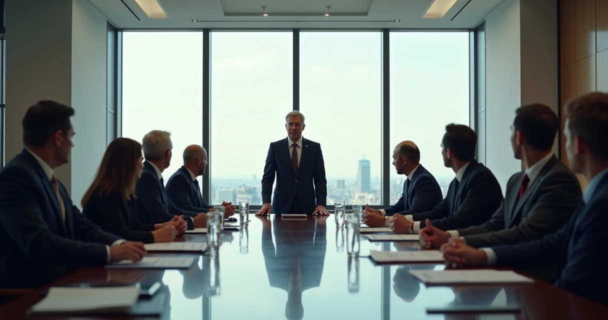 People sitting in a meeting with a large table, leader at one end, others listening attentively.