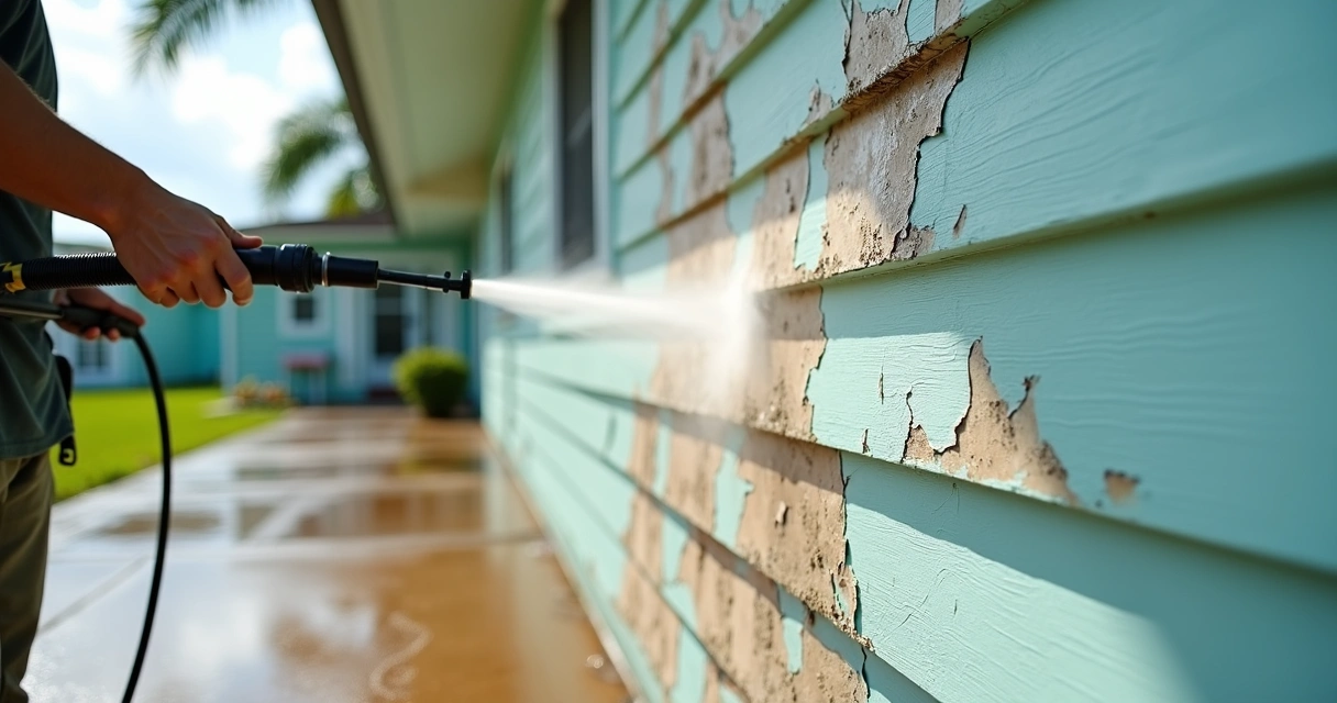 Homeowner power washing painted exterior siding with visible paint damage 