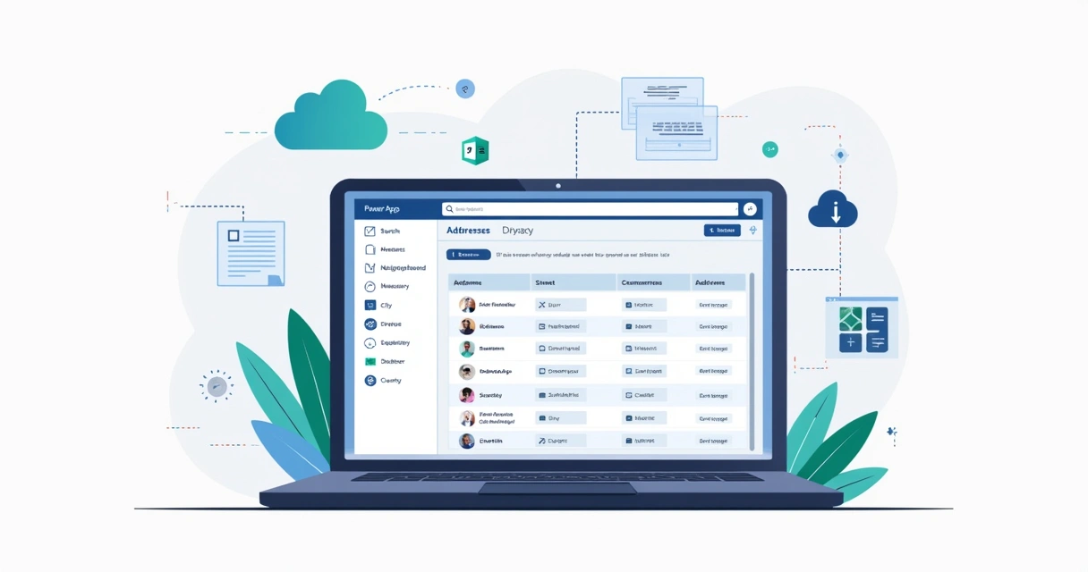Ilustração corporativa de tela de aplicativo Power Apps conectado a lista SharePoint com campos de endereço e ícones de busca e edição 