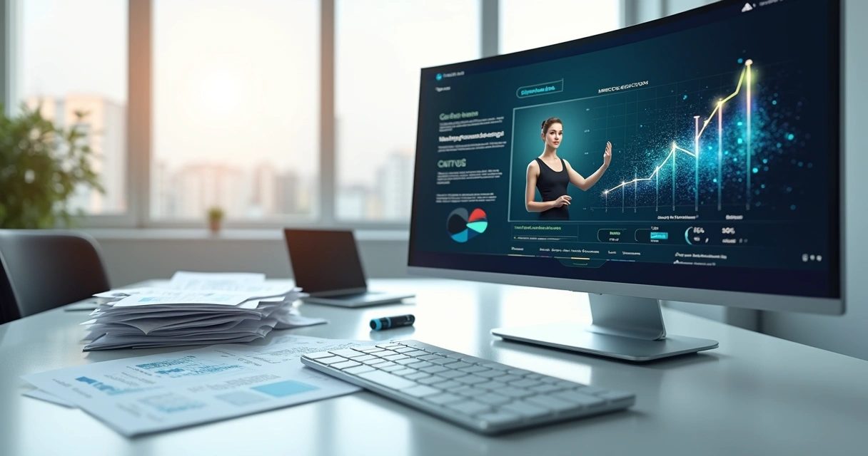 Transição de slides impressos para curso online com avatar de IA em tela 