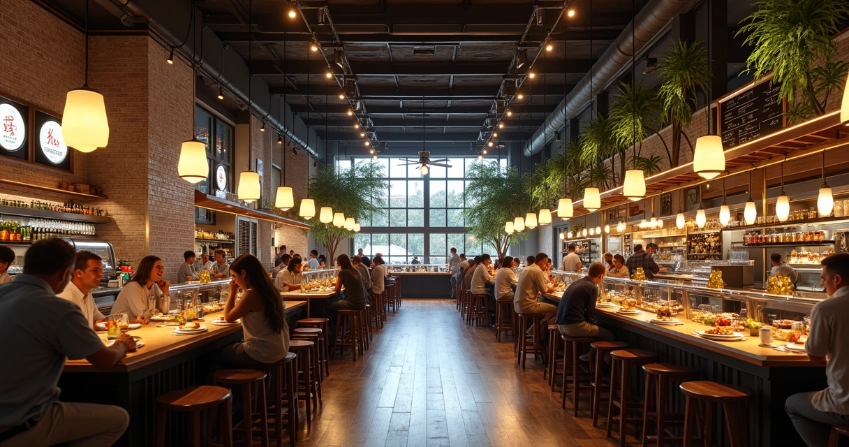 Área interna de food hall com pessoas sentadas e diferentes restaurantes 