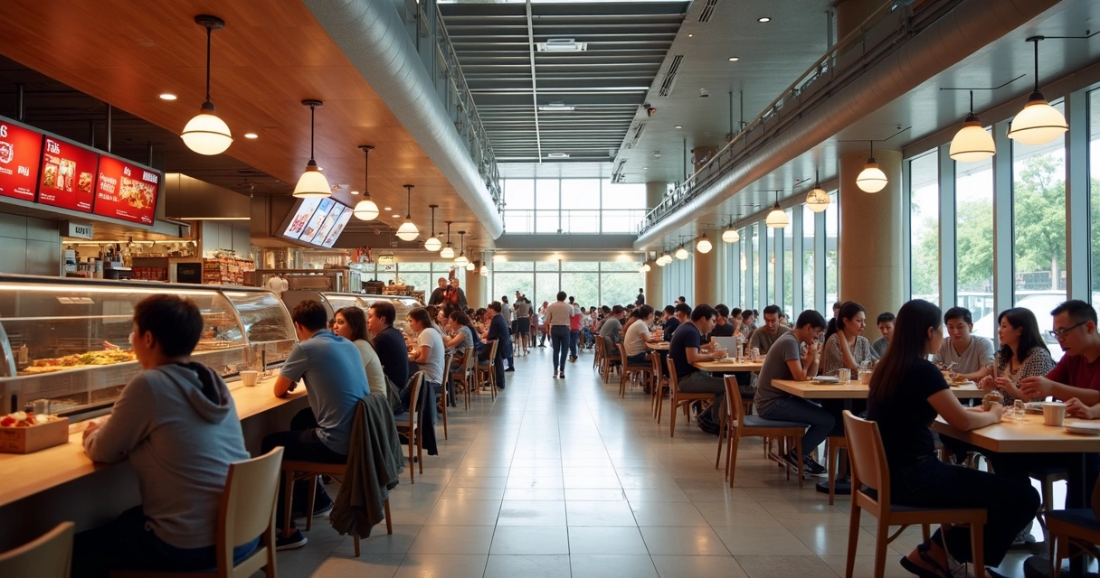 Praça de alimentação ampla com mesas e pessoas sentadas 