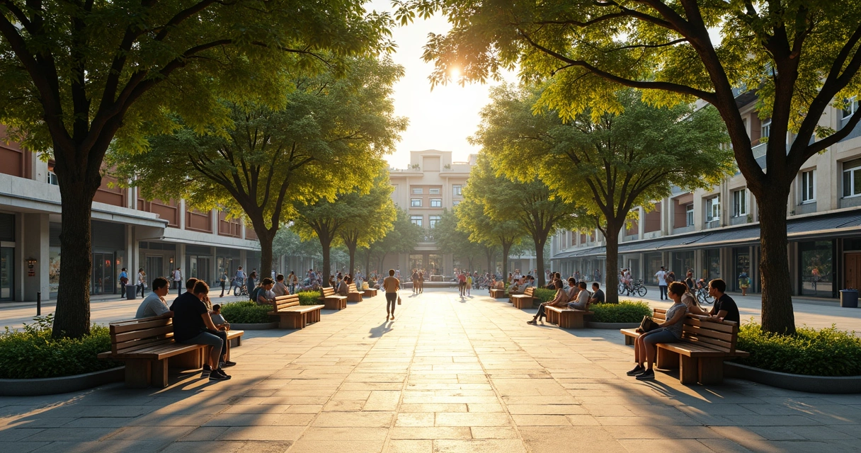 Praça arborizada com bancos, caminhos e pessoas convivendo 