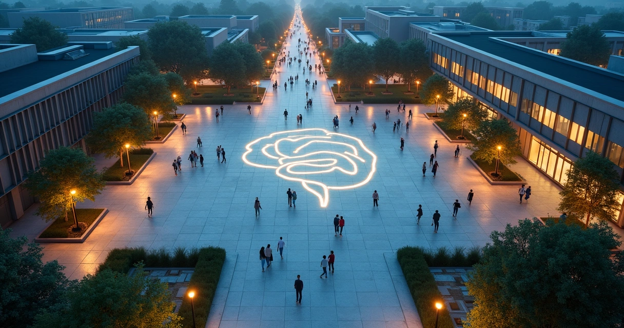Praça elevada vista de cima com prédios ao redor formando desenho de cérebro luminoso 