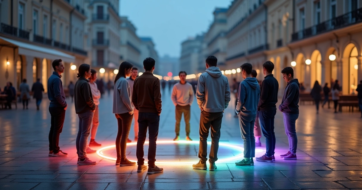 Grupo diverso em praça noturna formando círculo de luz no chão 