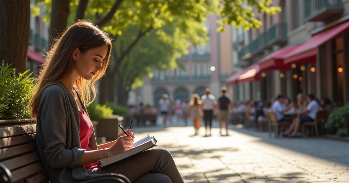 Mulher sentada em praça escrevendo em caderno enquanto observa pessoas. 