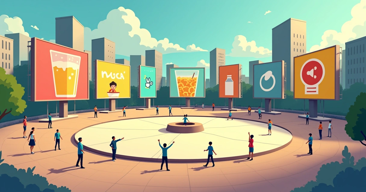 Telões de comerciais antigos em praça colorida representando memória coletiva 