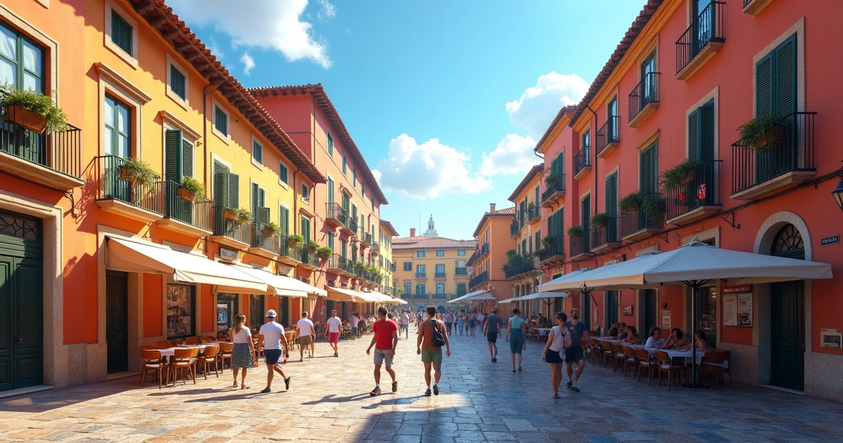 Praça típica espanhola com pessoas caminhando, lojas coloridas e céu azul claro 