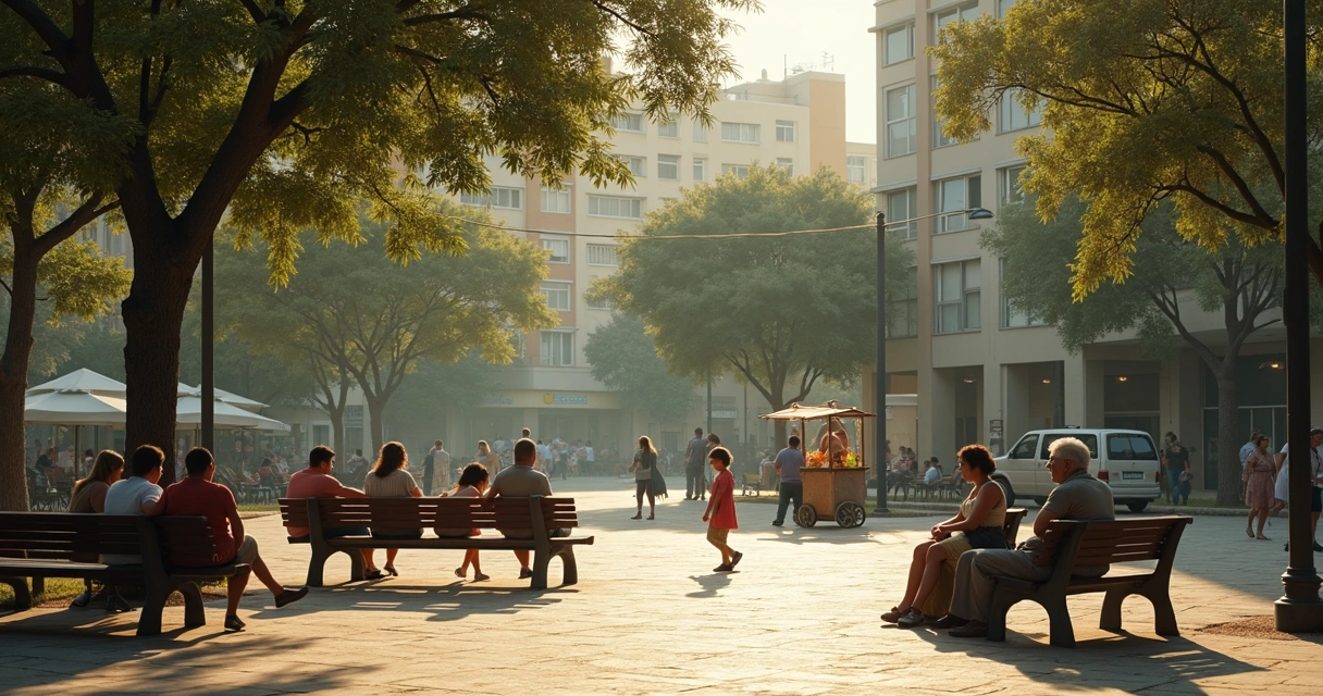 Praça urbana com convivência comunitária e sensação de acolhimento