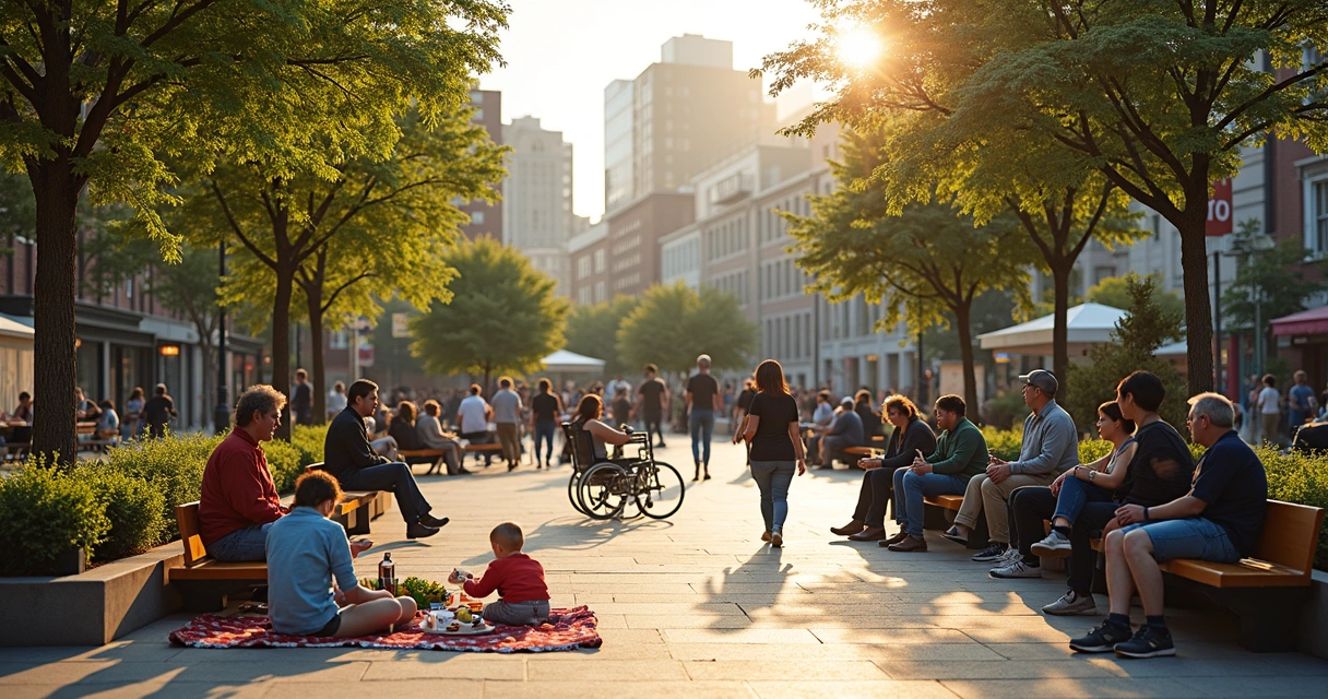 Praça urbana com pessoas diversas interagindo em diferentes atividades 
