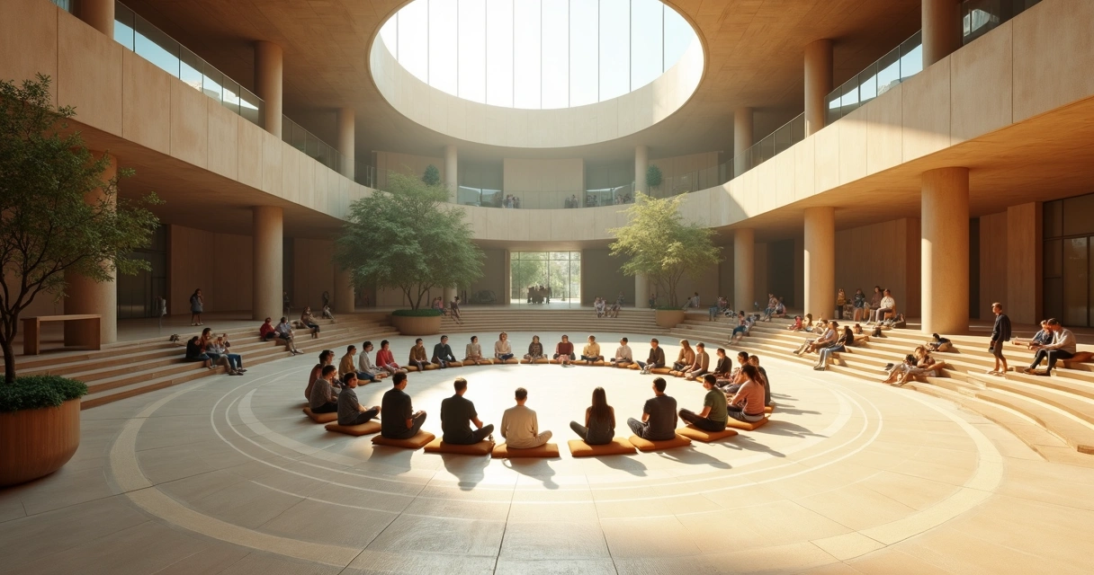 Espaço aberto interno com pessoas formando círculo em praça construída dentro de edifício 