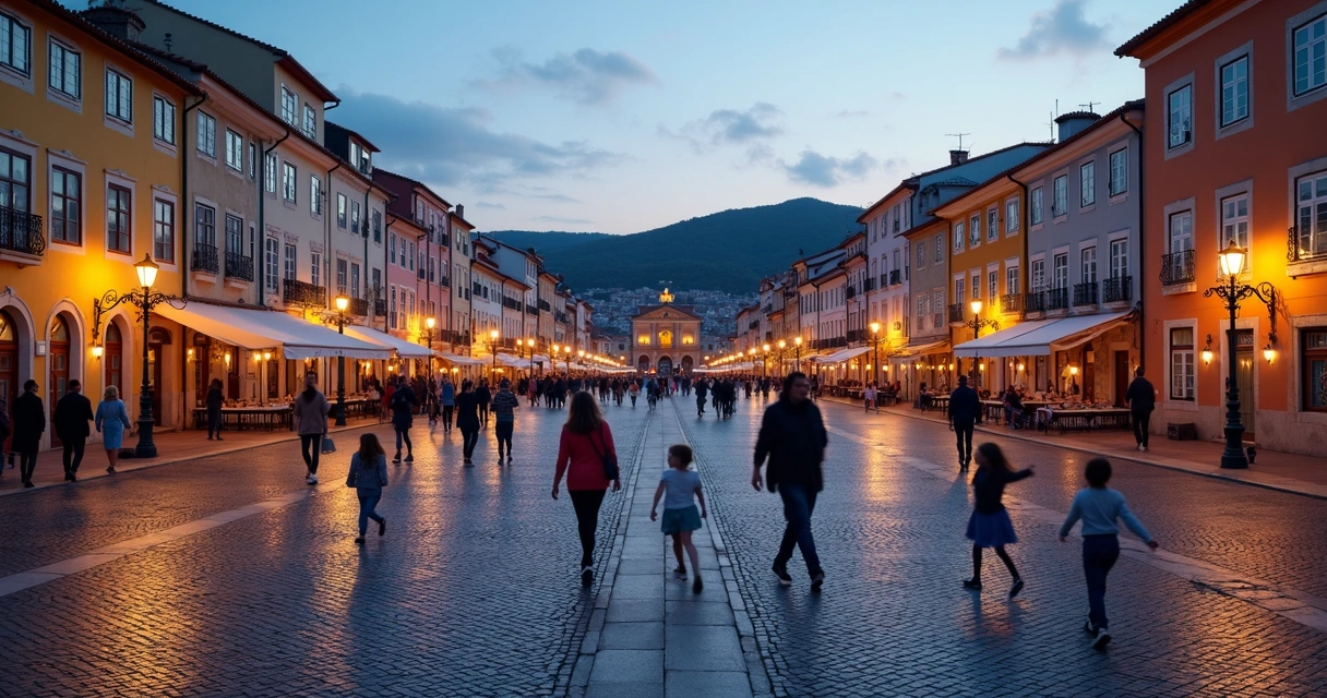 Praça movimentada ao entardecer com pessoas caminhando, prédios históricos ao fundo 