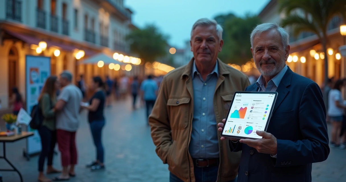 Consultor político mostra dados em tablet para liderança com eleitores ao fundo na praça 