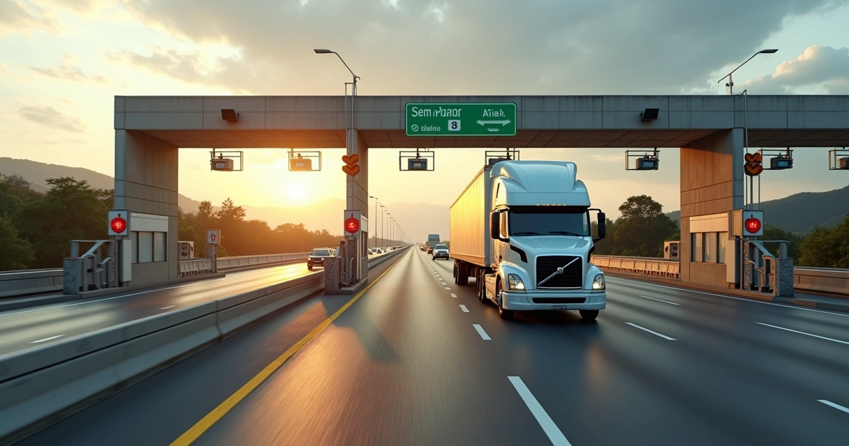 Caminhão se aproximando de praça de pedágio em rodovia brasileira 