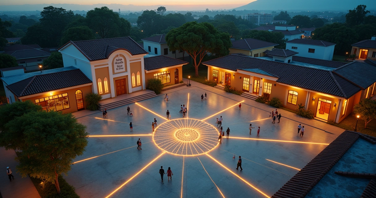 Praça central vista de cima com linhas luminosas conectando prédios e pessoas 