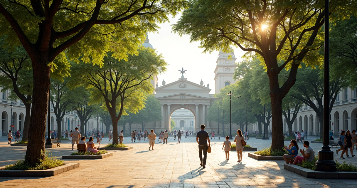 Praça pública brasileira arborizada com pessoas caminhando e crianças brincando 