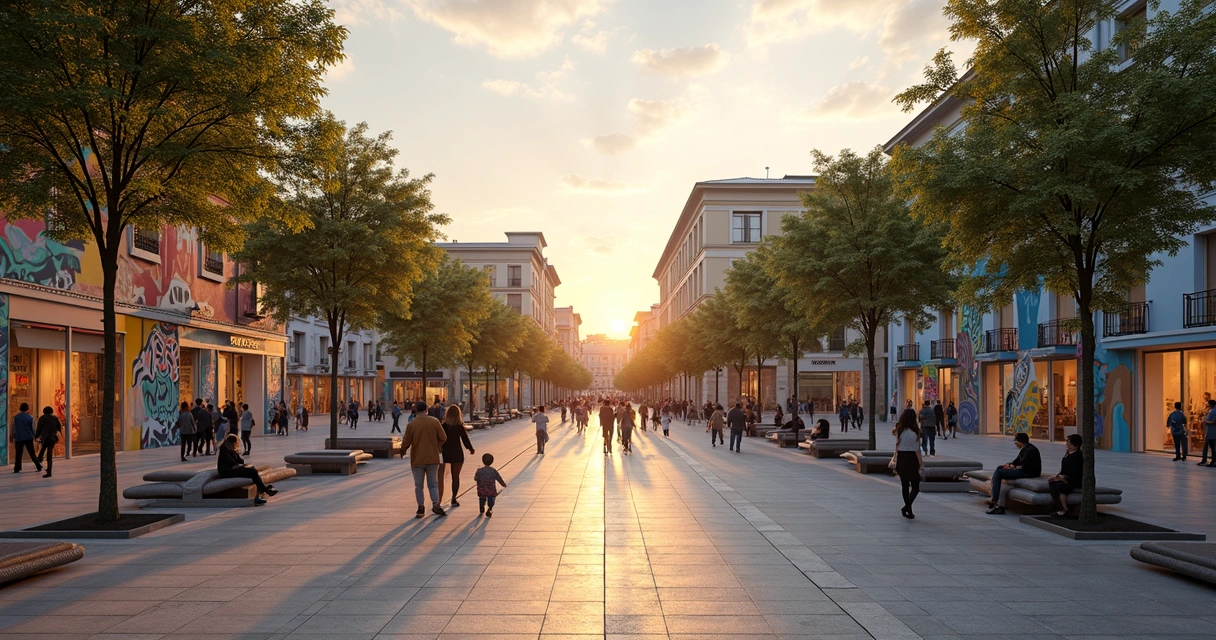 Praça pública com pessoas e murais coloridos de arte urbana