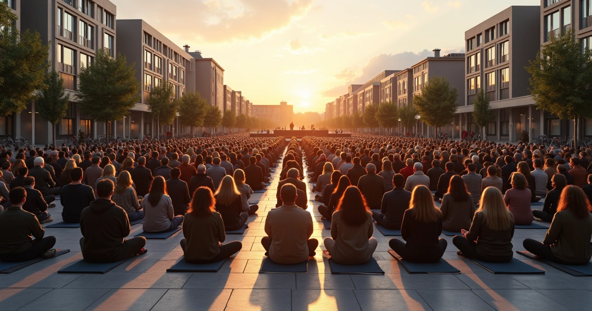 Grande grupo em meditação silenciosa em praça pública ao pôr do sol 
