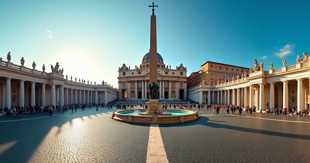 Vista panorâmica da Praça de São Pedro cheia de visitantes em frente à Basílica do Vaticano 