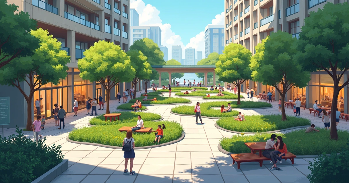 Vista da praça suspensa no Square Garden com área verde e convivência 