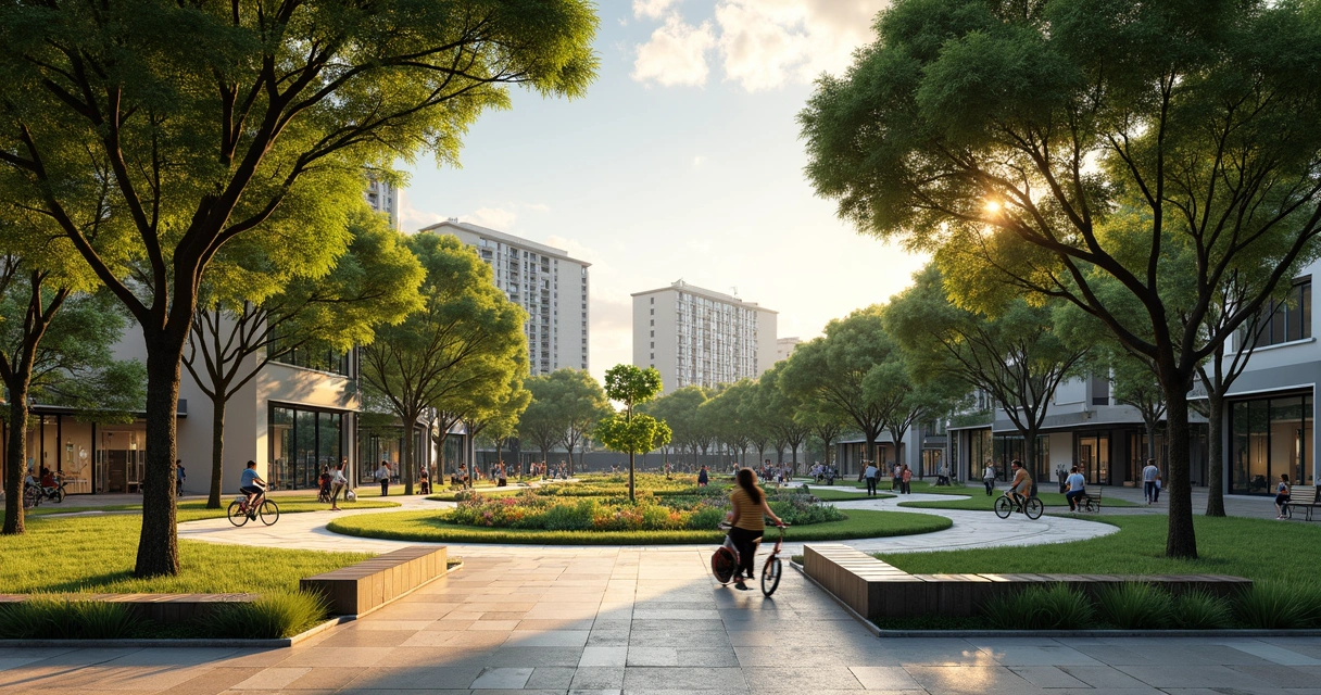 Praça urbana arborizada com pessoas caminhando 