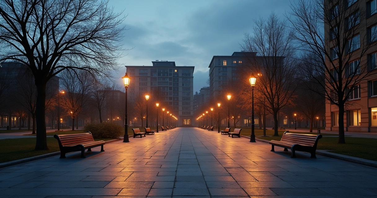 Praça urbana vazia ao entardecer com bancos e luzes acesas 